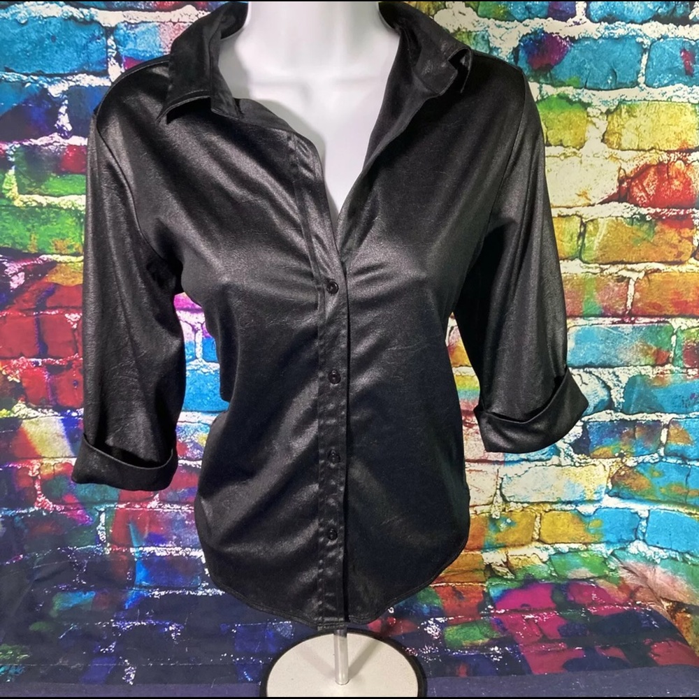 Vtg Kathy Ireland Vinyl Look Button Front Shirt Sz M